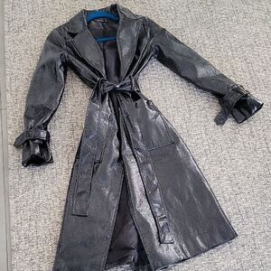 Nasty Gal Shiny Black Trench Coat With Faux Fur  Collar 2